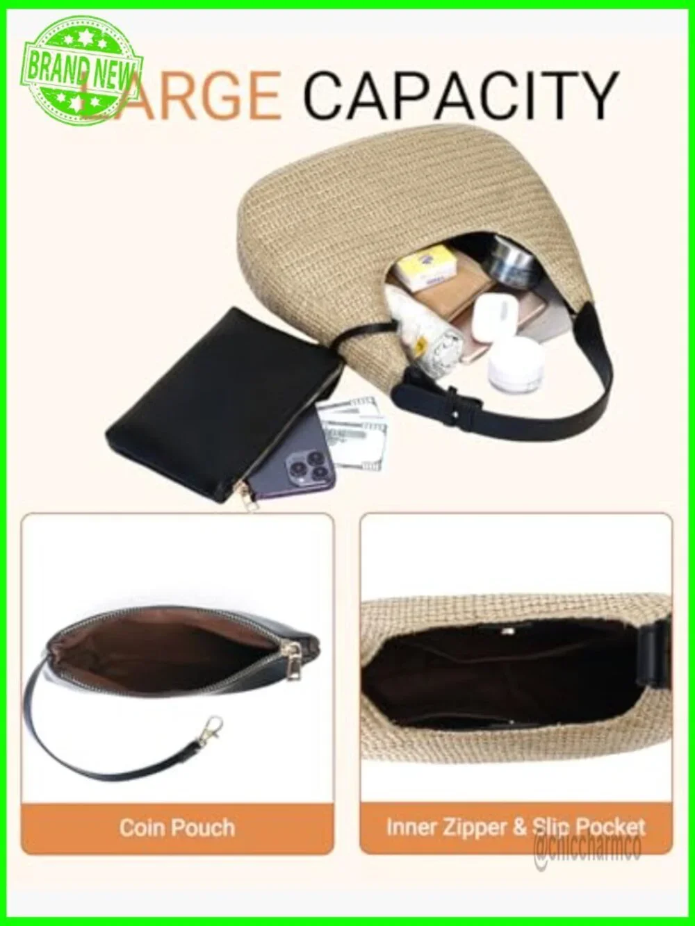 Straw Hobo Handbag with Adjustable Strap, Summer Beach Tote Purse